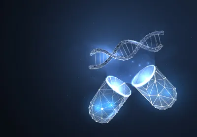 Futuristic low poly-style image of DNA coming out of a pill
